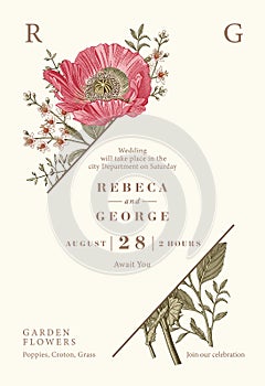 Wedding invitation Beautiful flowers Vintage card Frame Drawing engraving Poppy croton Vector Illustration Wallpaper