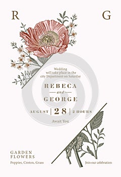 Wedding invitation Beautiful flowers Vintage card Frame Drawing engraving Poppy poppies Vector Illustration Wallpaper Thank you