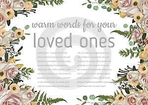 Wedding invitation, beautiful greeting card, vector watercolor banner. Pink rose flowers, eustoma cream, brunia, green fern,