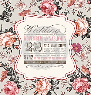 Wedding invitation. Beautiful lrealistic flowers. Vintage greeting card. Frame. Drawing engraving. Chamomile Rose.