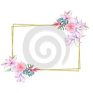 Wedding Invitation, birthday, greeting card, watercolor pink floral and green leaves geometric golden square frame with ribbons