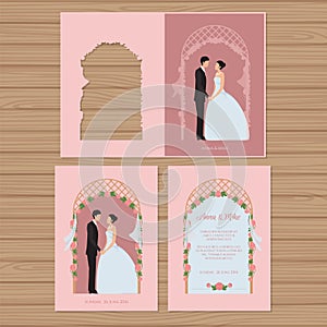 Wedding invitation with bride and groom on the background