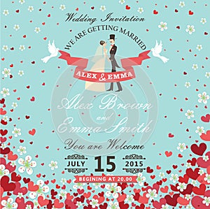 Wedding invitation.Bride and groom.Flying hearts,flowers background