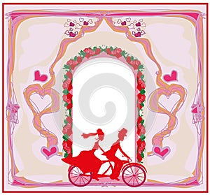 Wedding invitation with bride and groom riding tandem bicycle