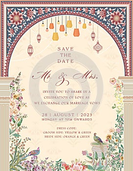 Wedding Invitation Card Design. Mughal arch with floral invitation card for printing. photo