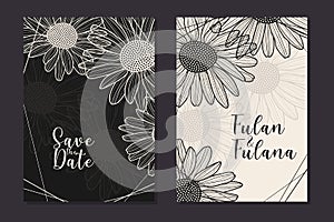 Wedding invitation card with abstract doodle hand drawn daisy flower floral sketch ornament background template mockup decoration