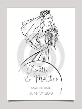 Wedding invitation card with beautiful bride. Clip art set black and white wedding card template vector illistration