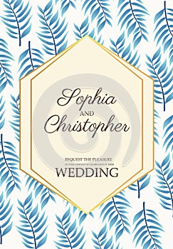 wedding invitation card with blue leafs pattern