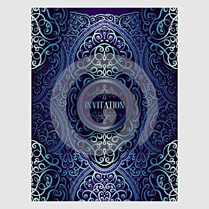Wedding invitation card with blue shiny eastern and baroque rich foliage. Ornate islamic background for your design. Islam, Arabic
