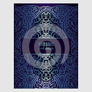 Wedding invitation card with blue shiny eastern and baroque rich foliage. Ornate islamic background for your design. Islam, Arabic