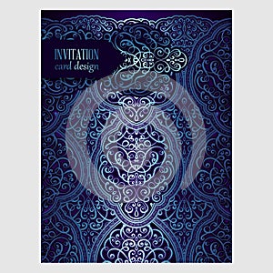 Wedding invitation card with blue shiny eastern and baroque rich foliage. Ornate islamic background for your design. Islam, Arabic