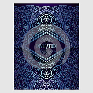 Wedding invitation card with blue shiny eastern and baroque rich foliage. Ornate islamic background for your design. Islam, Arabic