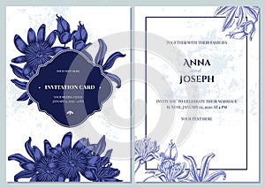 Wedding invitation card with blue and white passion flower