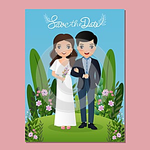 Wedding invitation card the bride and groom cute couple cartoon character.Flowers background for event celebration