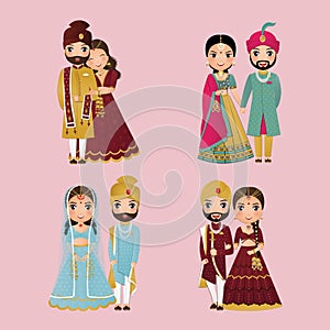 Wedding invitation card the bride and groom cute couple in traditional indian dress cartoon character