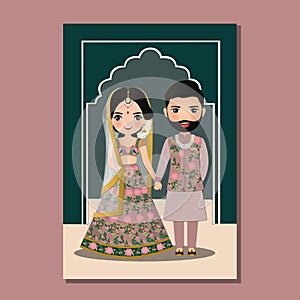 Wedding invitation card the bride and groom cute couple in traditional indian dress cartoon character. Vector illustration.