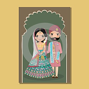 Wedding invitation card the bride and groom cute couple in traditional indian dress cartoon character. Vector illustration.