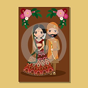 Wedding invitation card the bride and groom cute couple in traditional indian dress cartoon character. Vector illustration.