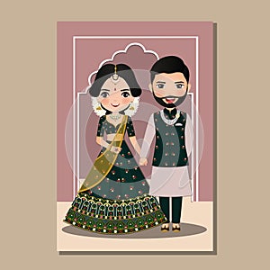 Wedding invitation card the bride and groom cute couple in traditional indian dress cartoon character. Vector illustration.