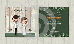 Wedding invitation card cartoon hipster bride and groom