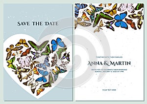 Wedding invitation card with colored morpho menelaus, graphium androcles, morpho rhetenor cacica, papilio demoleus