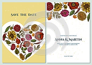 Wedding invitation card with colored poppy flower, gerbera, sunflower, milkweed, dahlia, veronica