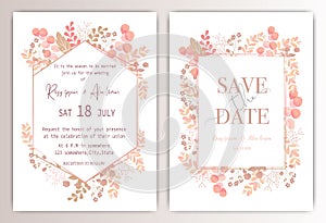 Wedding invitation card with colourful floral and leaves