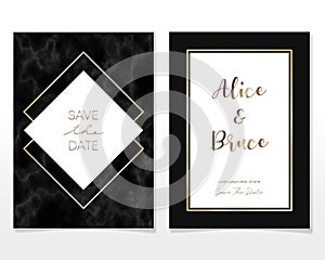 Wedding Invitation card design with golden frames and marble texture. Luxury marble with gold geometric frame design template
