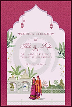 Wedding invitation card design with indian woman in saree.