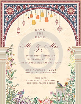 Wedding Invitation Card Design. Mughal arch with floral invitation card for printing.