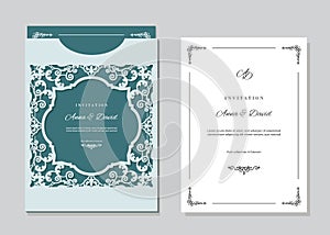 Wedding invitation card and envelope template with laser cutting filigree frame.
