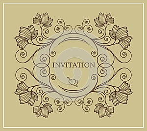 Wedding invitation card with floral elements on a gold background. Retro and vintage style.