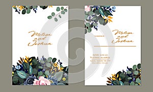 wedding invitation card with flowers. leaves branches roses peonies