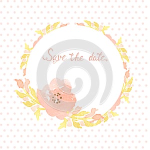 Wedding invitation card with flowers on polka dot background. Watercolor painted design with pink rose flowers and leaves