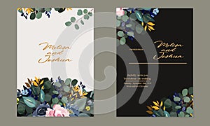 wedding invitation card with flowers on white and black backgrounds. leaves branches roses peonies