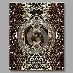 Wedding invitation card with gold shiny eastern and baroque rich foliage. Royal bronze Ornate islamic background for your design.