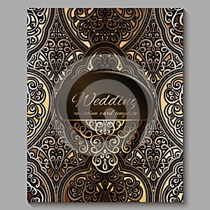 Wedding invitation card with gold shiny eastern and baroque rich foliage. Royal bronze Ornate islamic background for your design.