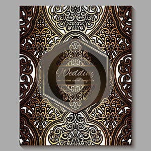 Wedding invitation card with gold shiny eastern and baroque rich foliage. Royal bronze Ornate islamic background for your design.