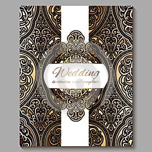 Wedding invitation card with gold shiny eastern and baroque rich foliage. Royal bronze Ornate islamic background for your design.