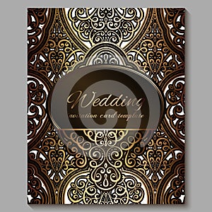 Wedding invitation card with gold shiny eastern and baroque rich foliage. Royal bronze Ornate islamic background for your design.