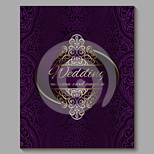 Wedding invitation card with gold shiny eastern and baroque rich foliage. Royal purple Ornate islamic background for your design.
