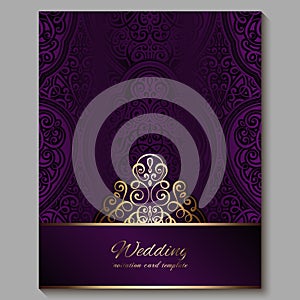 Wedding invitation card with gold shiny eastern and baroque rich foliage. Royal purple Ornate islamic background for your design.