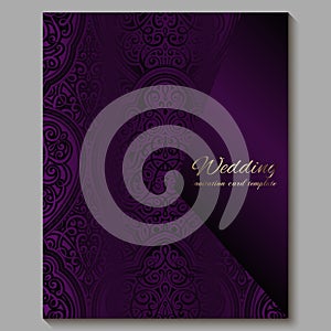 Wedding invitation card with gold shiny eastern and baroque rich foliage. Royal purple Ornate islamic background for your design.