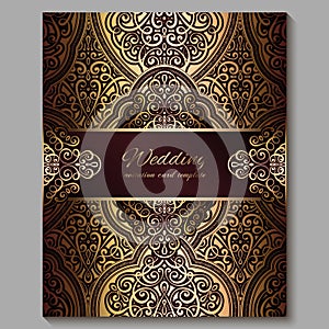 Wedding invitation card with gold shiny eastern and baroque rich foliage. Royal red Ornate islamic background for your design.
