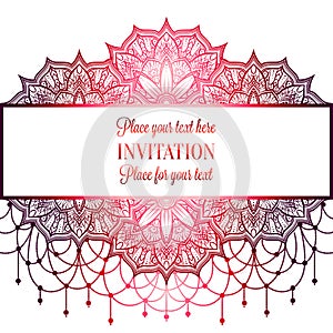 Wedding invitation or card , intricate mandala with beads on white background. Pink shades, Islam, Arabic, Indian, Dubai.