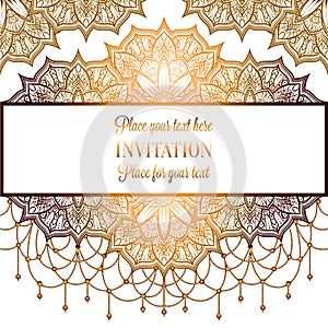 Wedding invitation or card , intricate mandala with beads on white background. Yellow shades, Islam, Arabic, Indian, Dubai.