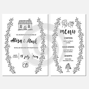 Wedding invitation card with map and menu
