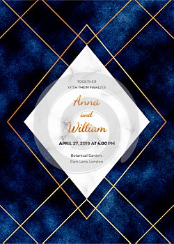 Wedding invitation card with marble frame, golden lines on the dark blue background. Magic night design template for invite, banne