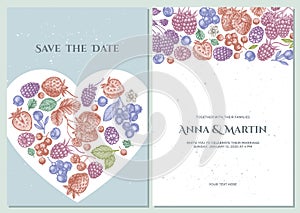 Wedding invitation card with pastel strawberry, blueberry, red currant, raspberry, blackberry