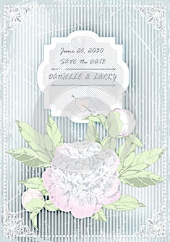 Wedding invitation card. peonies on grunge background. vector ilustration
